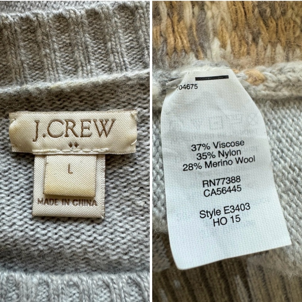 J. Crew Fair Isle Nordic Geometric Merino Wool Blend Gray Sweater Size Large - Picture 8 of 12